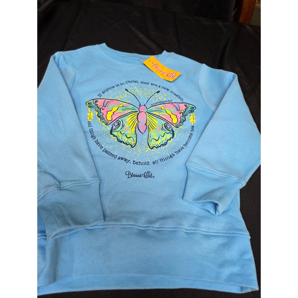 Blessed Girl Kids Butterfly 2 Corinthians 5:17 Blue Sweatshirt XS BGP5145XS